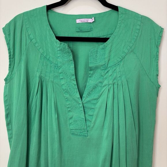 Calypso Christiane Celle 100% Silk Shift Dress M Kelly Green Airy Beach Resort - Picture 2 of 9